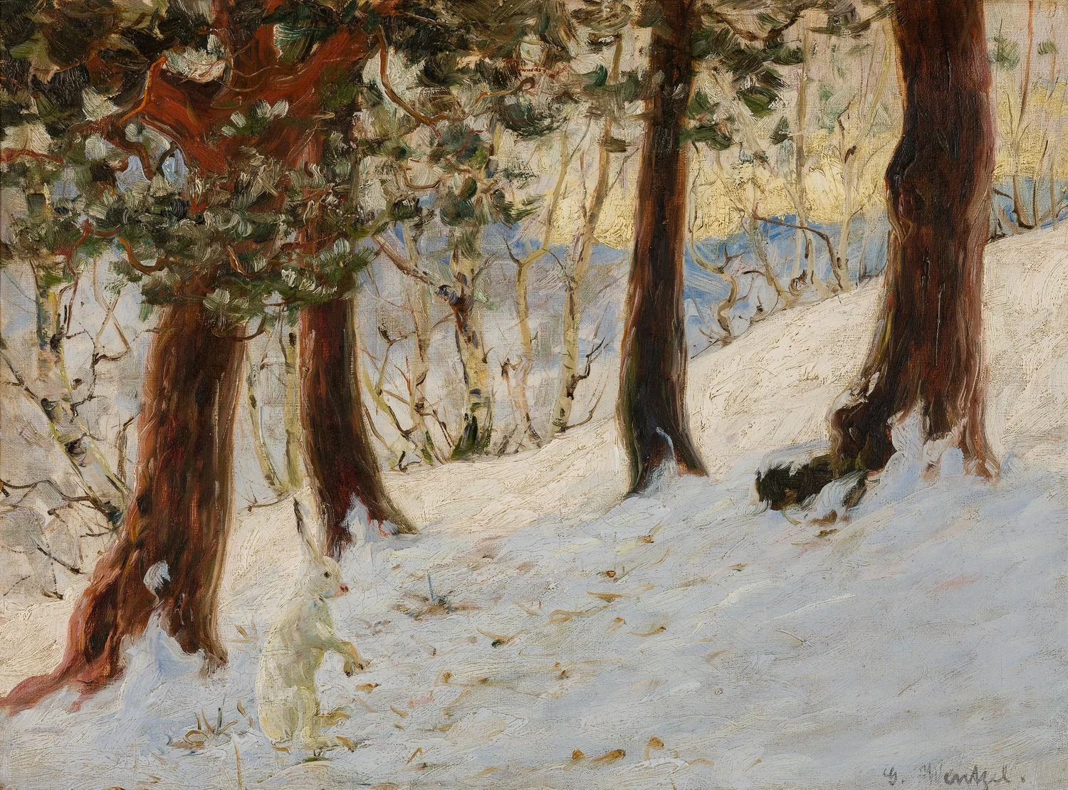 Paesaggio invernale con una lepre seduta